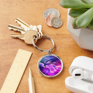 Unique Galaxy Space Rose Sparkly Monogram Purple Key Ring