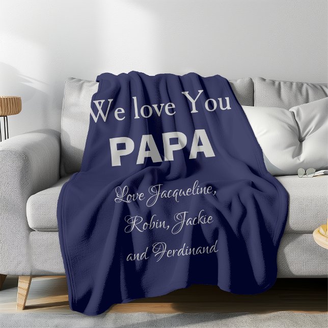 Unique Gift for Dad. Custom Names Navy Blue  Fleece Blanket (He'll love the simplicity. Warm, Cuddly and Durable, and he'll know he's loved & appreciated. )