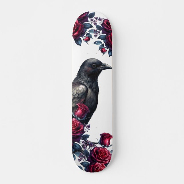 Unique Girly Black Raven & Red Roses Skate Deck (Front)