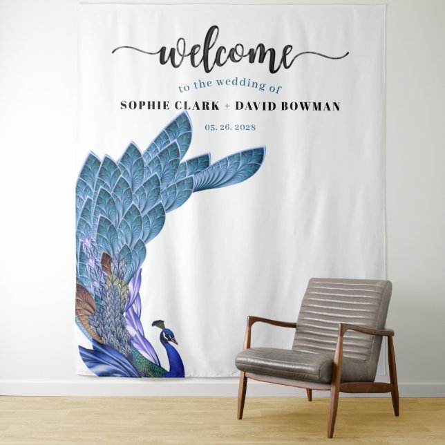 Unique Glam & Luxe Peacock Wedding Backdrop Tapestry (In Situ)