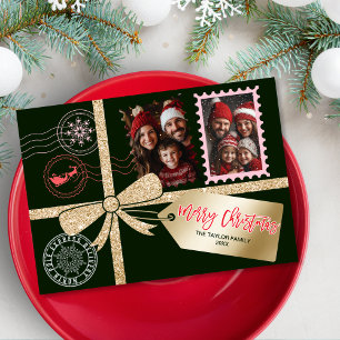Unique Glitter Gold Gift Bow Photo Merry Christmas Holiday Card