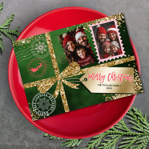 Unique Glitter Gold Gift Bow Photo Merry Christmas Holiday Card