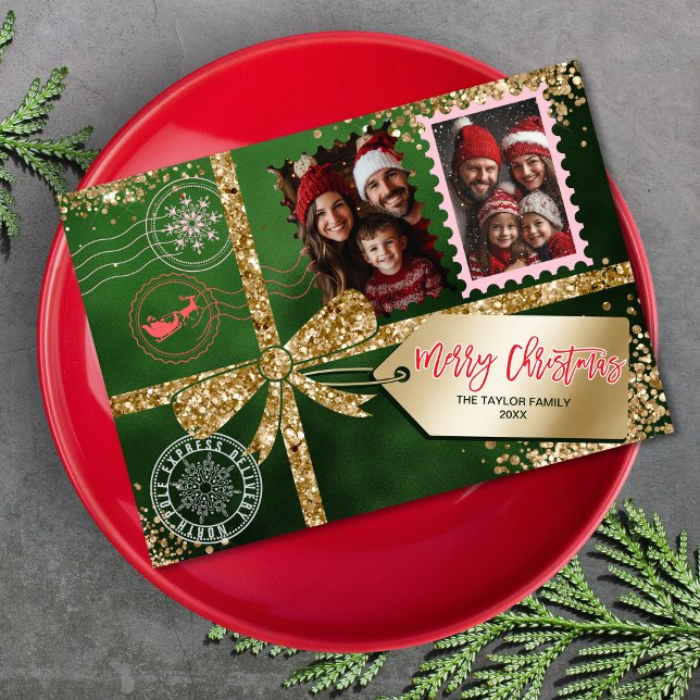 Unique Glitter Gold Gift Bow Photo Merry Christmas Holiday Card (christmas card designed like an emerald green gift box with gold glitter ribbon and bow and gift tag)