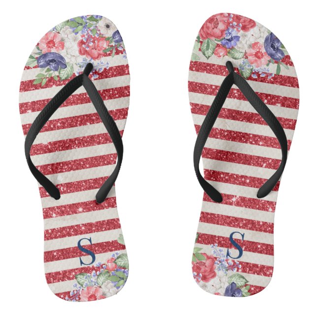 Unique glittery & floral pattern US flag colours  Thongs (Footbed)