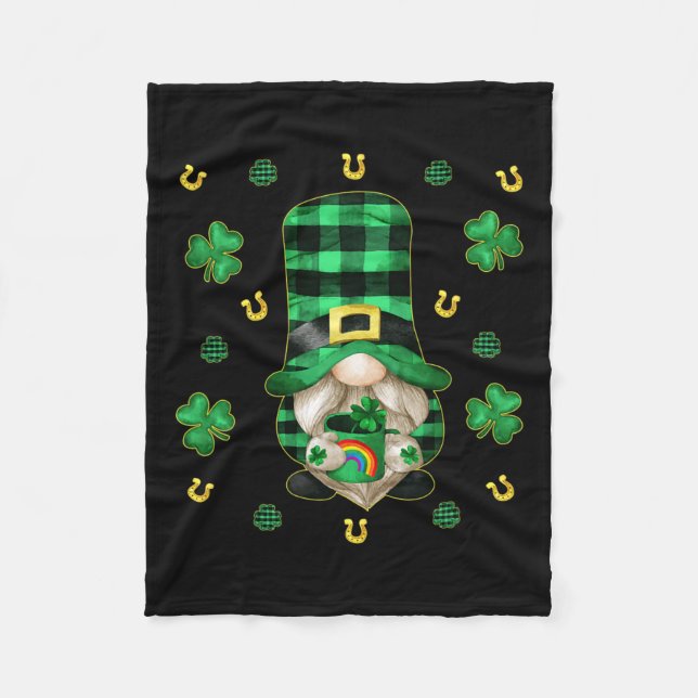 Unique Gnome St. Patricks Day - Cute Buffalo Plaid Fleece Blanket (Front)