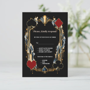 Unique Gold Black Art Deco Casino Night Wedding RSVP Card