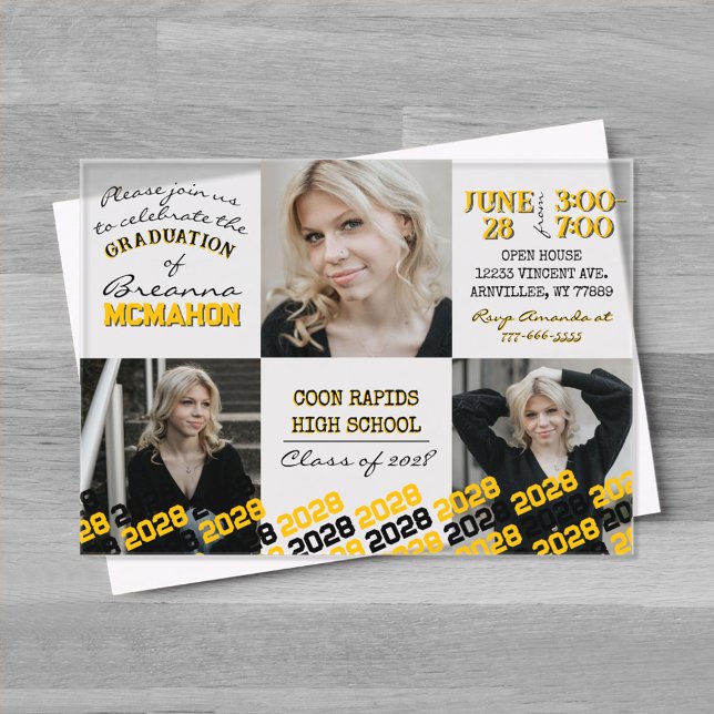 Unique Gold & Black Graduation 3 Photo Frosted  Acrylic Invitations (Unique Gold Yellow and Black 3 Photo Graduation Invitation)