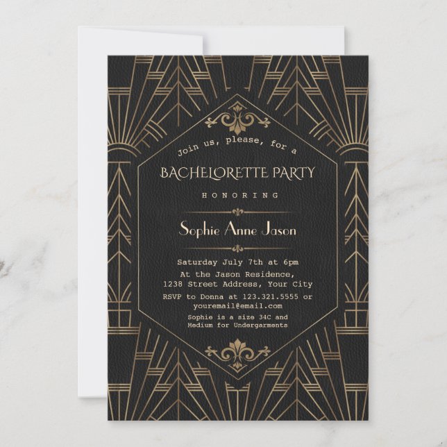 Unique Gold Black Great Gatsby Bachelorette Party Invitation (Front)