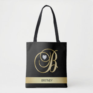 Unique Gold Black Monogrammed Letter Initials B Tote Bag