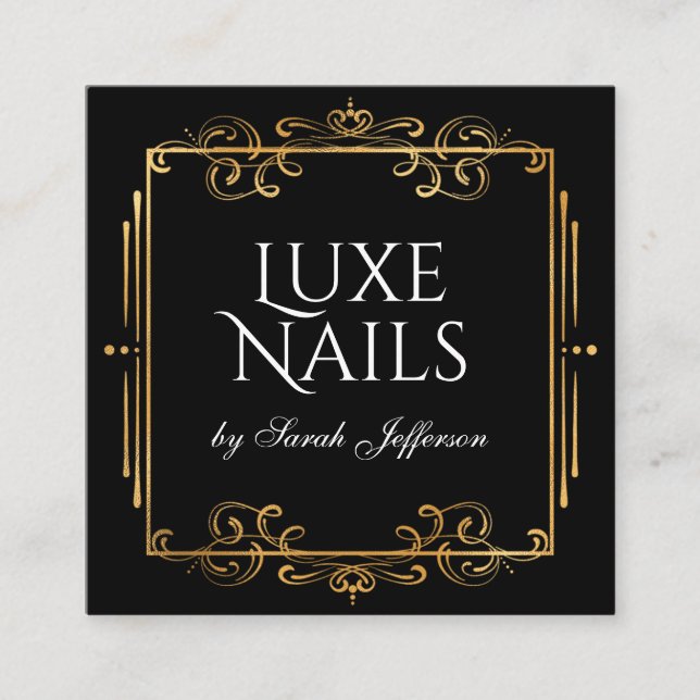 Unique Gold Foil Flourish Swirls Luxurious Black   Square Business Card (Front)
