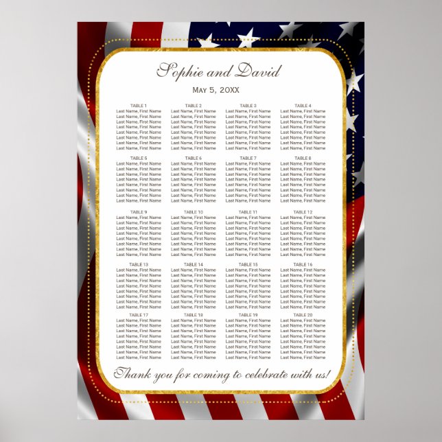 Unique Gold Foil USA Flag Wedding Seating Chart (Front)