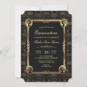 Unique Gold Great Gatsby Art Deco Quinceañera Invitation