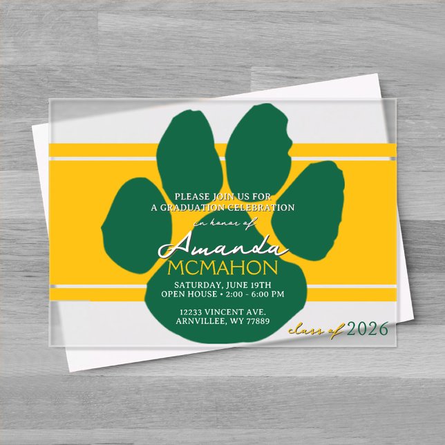 Unique Gold & Green Graduation Pawprint Elegant Acrylic Invitations (Green and Gold Pawprint Acrylic Graduation Invitations)