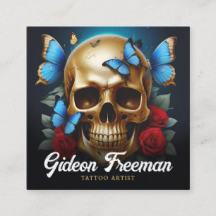 Unique Gold Skull Butterfly Tattoo Artist Square Business Card
