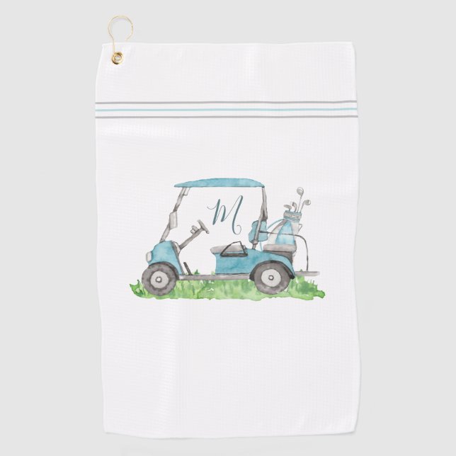 Unique Golf Cart Blue Monogram Watercolor  Golf Towel (Front)