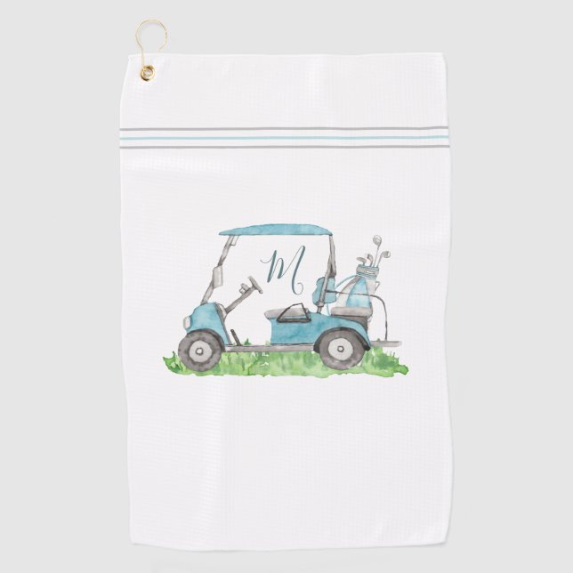 Unique Golf Cart Blue Monogram Watercolor  Towel (Front)