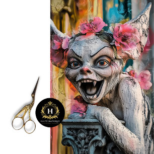 Unique Gothic Gargoyle Pink Flowers Decoupage  Tissue Paper