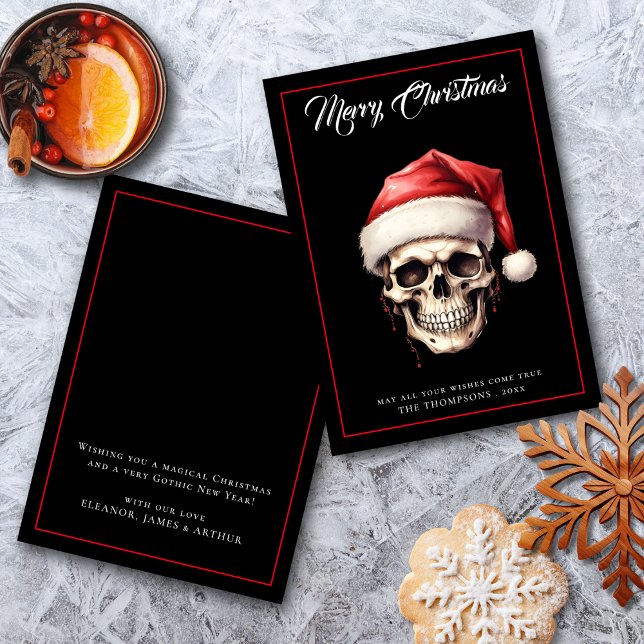 Unique Gothic Skull Christmas Holiday Card (Front and Back Views)