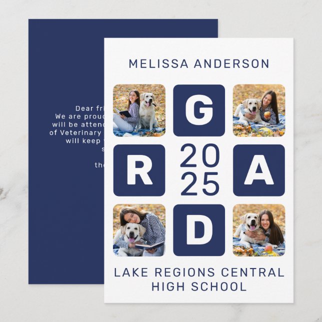 Unique Grad Navy Blue White 4 Photo Graduation Announcement (Front/Back)