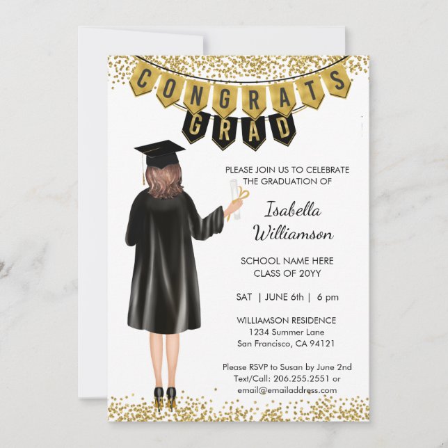 Unique Graduation Invitation Brown Hair (Front)
