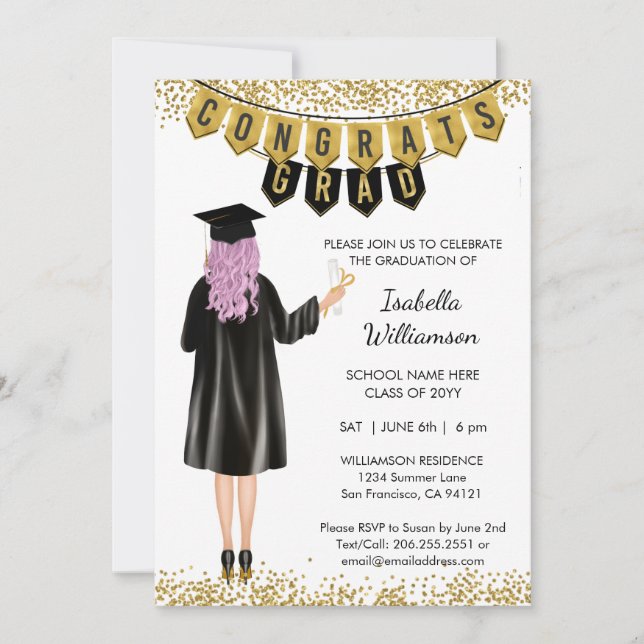  Unique Graduation Invitation Purple Hair (Front)