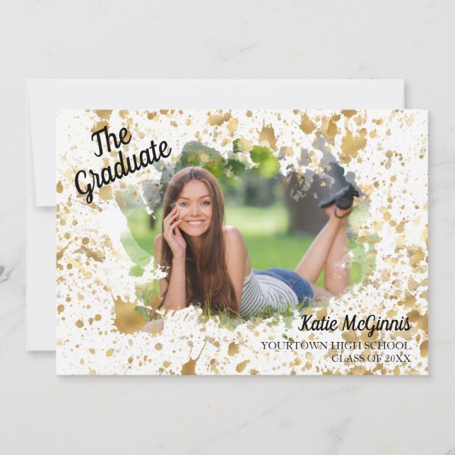 Unique Graduation Party Gold White Photo Invitation (Front)
