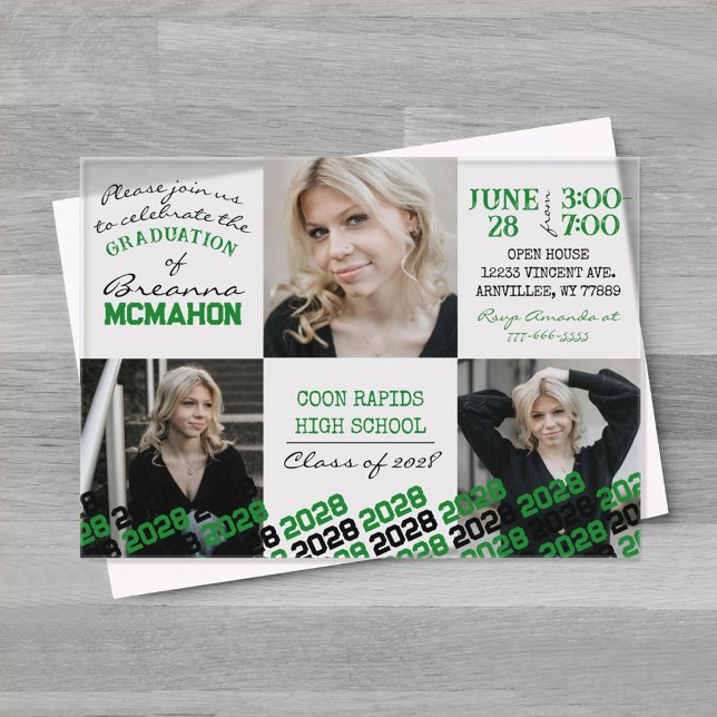 Unique Green & Black Graduation 3 Photo Frosted  Acrylic Invitations (Unique Green and Black Graduation Acrylic Party Invitations)