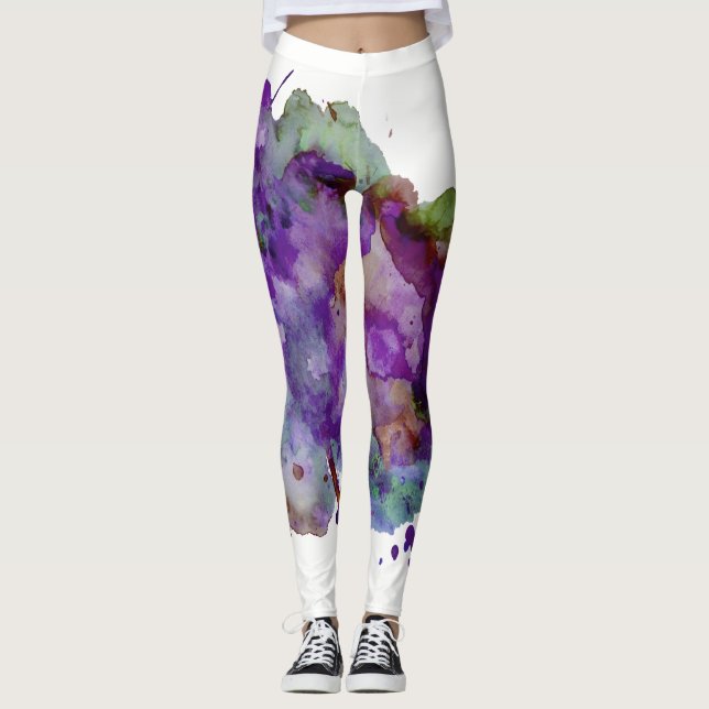 Unique Green & Purple Watercolor Paint Splatter Leggings (Front)