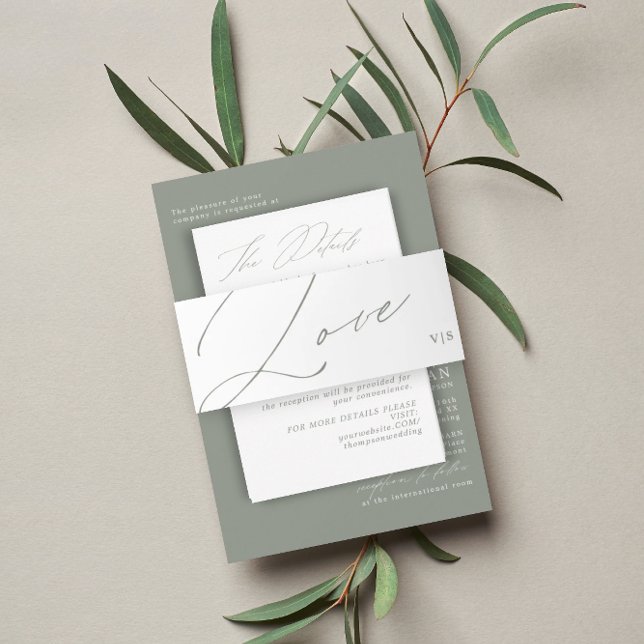Unique Green Sage  Love Monogram Wedding Invitation Belly Band (Creator Uploaded)