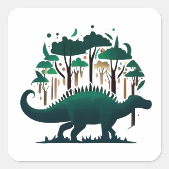 Unique Green Stegosaurus Dinosaur Forest Square Sticker (Front)