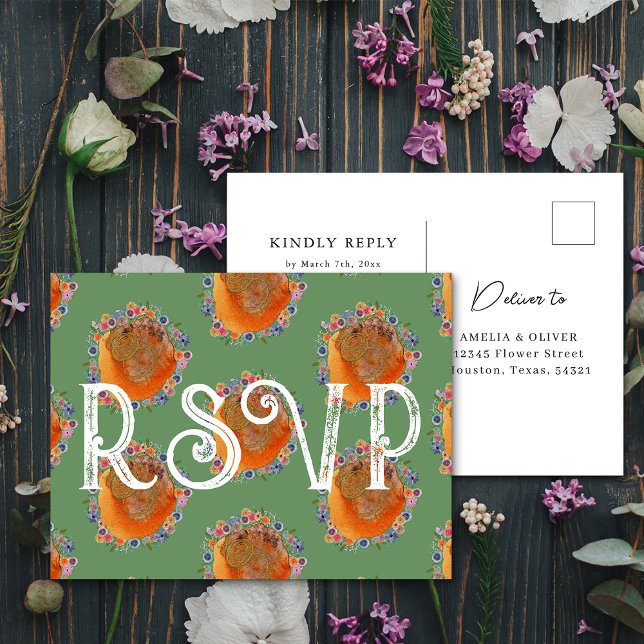Unique Green Watercolor Wildflower Wedding RSVP Postcard (Front/Back)