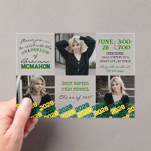 Unique Green & Yellow Graduation 3 Photo Frosted Acrylic Invitations