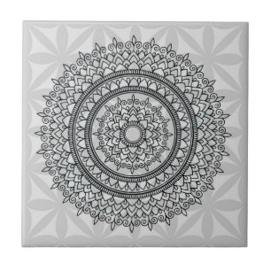 Unique Grey Floral Hand Drawn Mandala Pattern Tile