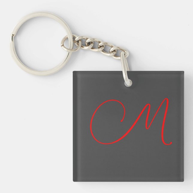 Unique grey red calligraphy monogram name initial key ring (Front)