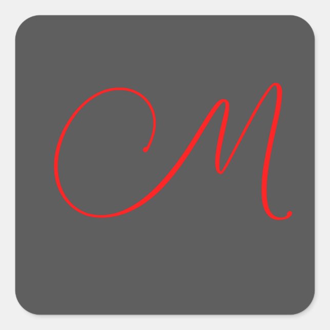 Unique grey red calligraphy monogram name initial square sticker (Front)
