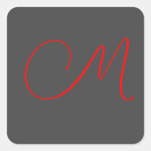 Unique grey red calligraphy monogram name initial square sticker