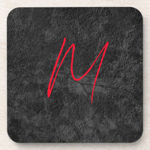 Unique grey red monogram name initial calligraphy coaster