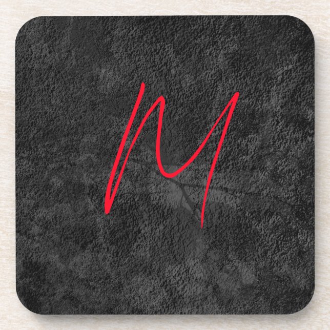Unique grey red monogram name initial calligraphy coaster (Front)