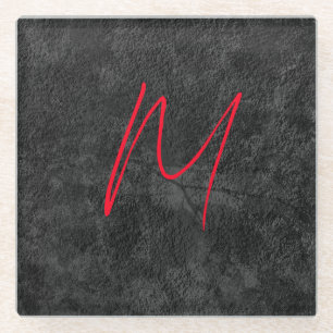 Unique grey red monogram name initial calligraphy glass coaster