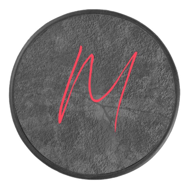 Unique grey red monogram name initial calligraphy hockey puck (Front)
