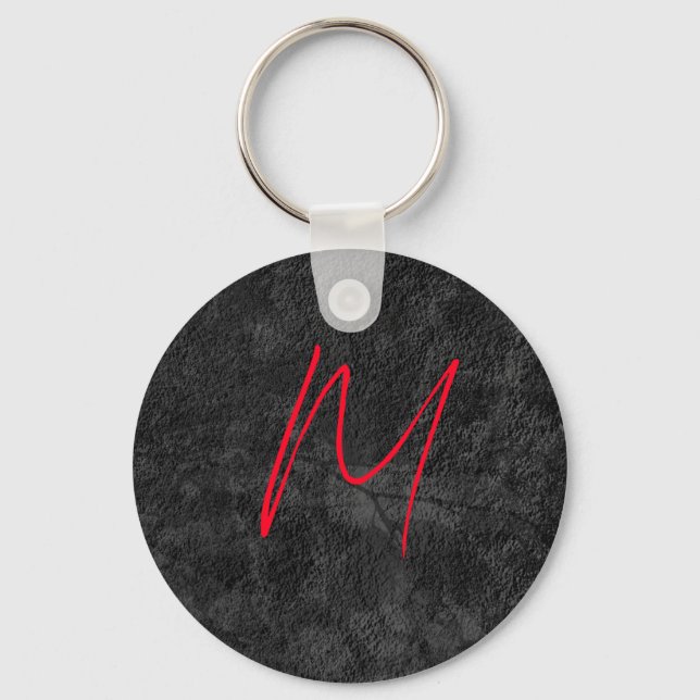 Unique grey red monogram name initial calligraphy key ring (Front)