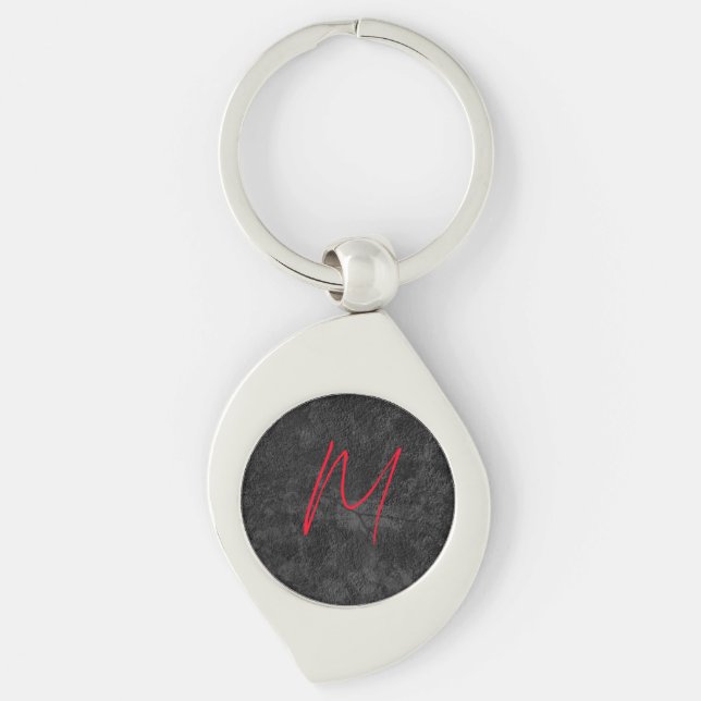 Unique grey red monogram name initial calligraphy key ring (Front)