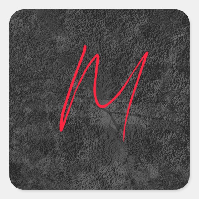 Unique grey red monogram name initial calligraphy square sticker (Front)