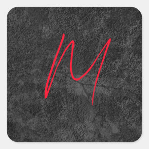 Unique grey red monogram name initial calligraphy square sticker
