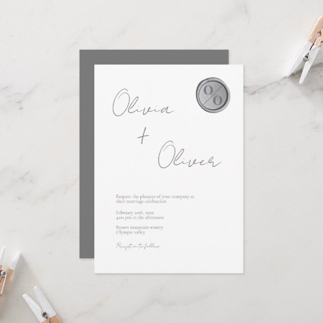 Unique grey silver wax seal monogram wedding  invitation (Front/Back In Situ)