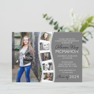 Unique Grey & White Filmstrip 6 Photo Graduation Invitation