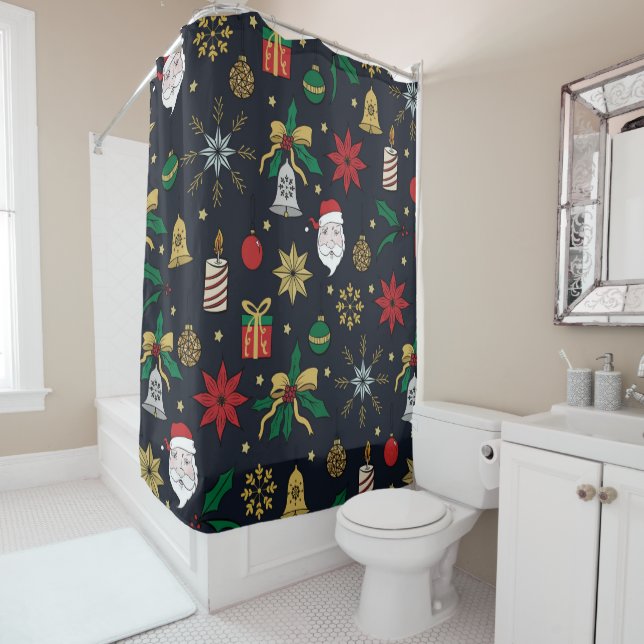 Unique Hand Dawn Christmas Doddles Blue Design Shower Curtain (In Situ)