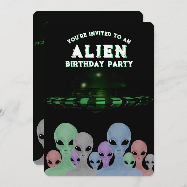 Unique Hand Drawn Aliens Kid's 10th Birthday Party Invitation (Front/Back)