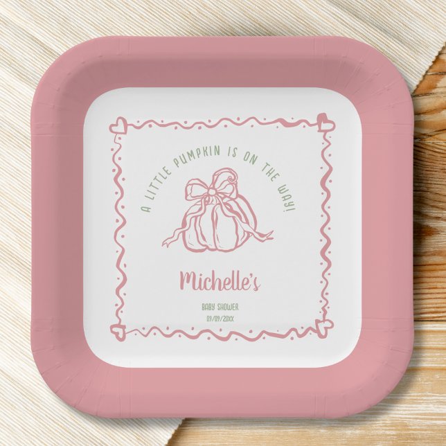 Unique Hand Drawn Little Pumpkin Fall Baby Shower Paper Plate (unique hand drawn pink pumpkin with a bow)