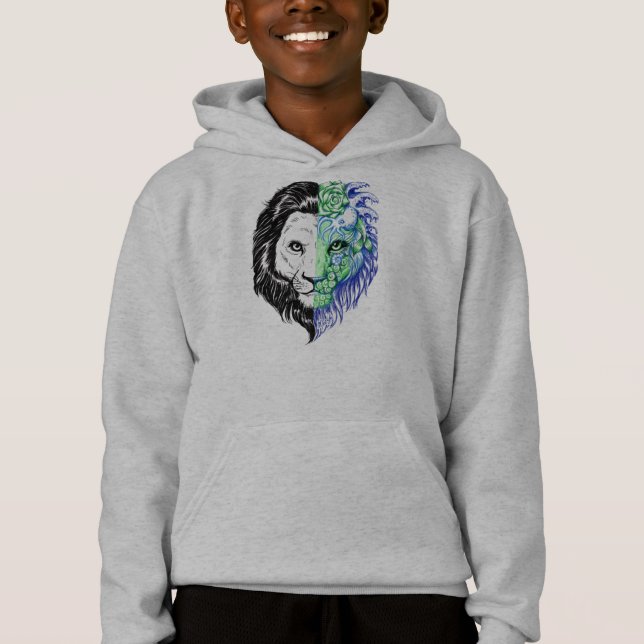 Unique Hand Drawn Mystic Lion Art Boy's Hoodie (Front)
